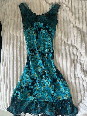 Vintage Betsey Johnson Blue Floral Mesh & Silk Dress 💙 ASO SATC Charlotte York